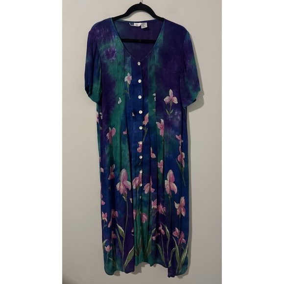 La Cera Dress Women’s Large Multi Floral Watercolor Button Front Fairy Boho Vtg - Picture 3 of 15